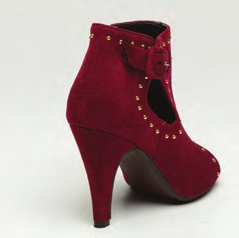 heel sandal with side buckle and peep toe. Available in Black, Grey or Burgundy suede.