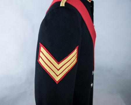 Bd Sgt rank badge: Chevrons (gold on red) Effective October 2017 Upper right arm - centrally, point of lowest chevron 270mm below shoulder seam Bd Cpl rank badge: Chevrons (gold on red)