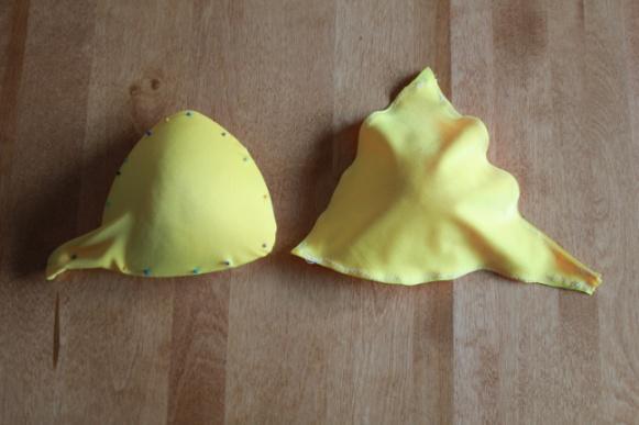 Very carefully, and with great difficulty, I sewed the yellow on to the bra-cup.