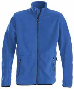 Fleece jacket with two colored zippers at front and at pockets.