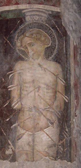 Figure 7 Saint Sebastian in a fresco on a column in the Cathedral of Albenga in Savona, Italy, by an anonymous 15 th century artist.