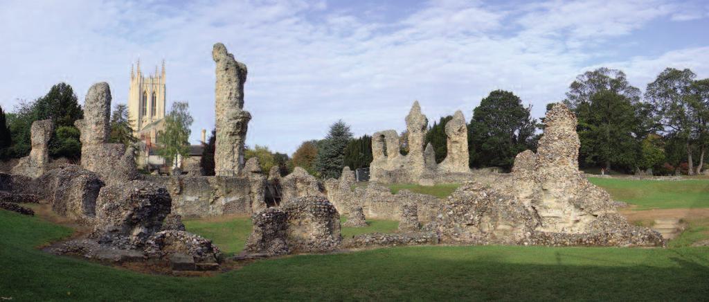 Figure 10 Ruins of the old abbey at Bury St Edmunds in Suffolk. The saint s body was in a shrine in the abbey. The tower of St Edmundsbury Cathedral is in the background.