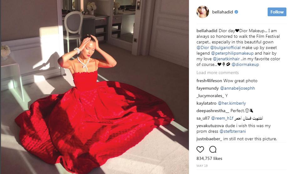 Star Power at #CannesFilmFestival Model and top social media influencer, Bella Hadid in her Dior gown and Dior makeup before attending the Film Festival.