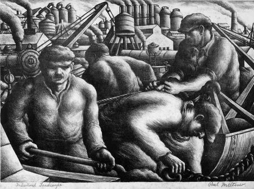 Paul Meltsner (American, 1905-1966) Industrial Landscape. Signed Paul Meltsner in pencil l.r., titled in pencil l.l. Lithograph on paper, image size 10 1/4 x 14 1/2 in.