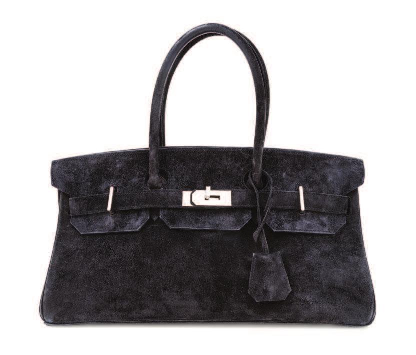 113 113 An Hermès 42cm Black Suede Shoulder Birkin Bag, 2007, with palladium hardware, dual rolled handles, a front flap turn lock closure and a clochette with a lock and keys.