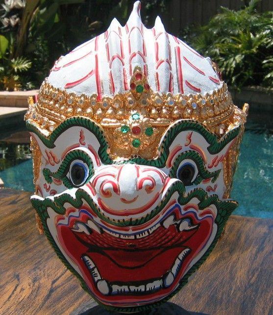 Gold leaves, ornaments and buffalo hide is used to make ears, teeth and other decoration. Khon masks are full masks that cover both the front and back of the performer s head.