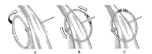 39 Fig. 3: Three steps in the fastening of a penannular brooch (drawing: Nick Griffiths). Image source: Whitfield, Lost and Found II, 266.