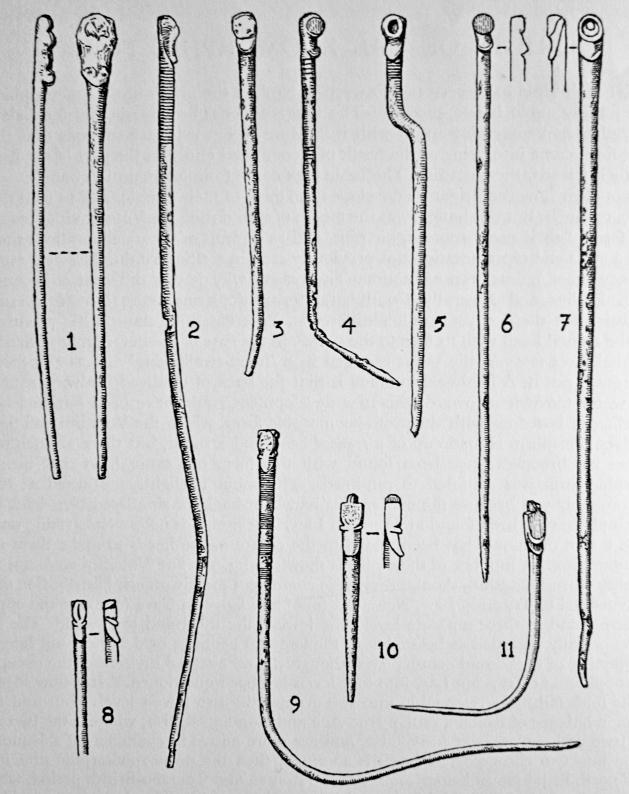 Fig. 6: Traprain Law, East Lothian:1-7, proto-zoomorphic pins; 8-11 zoomorphic