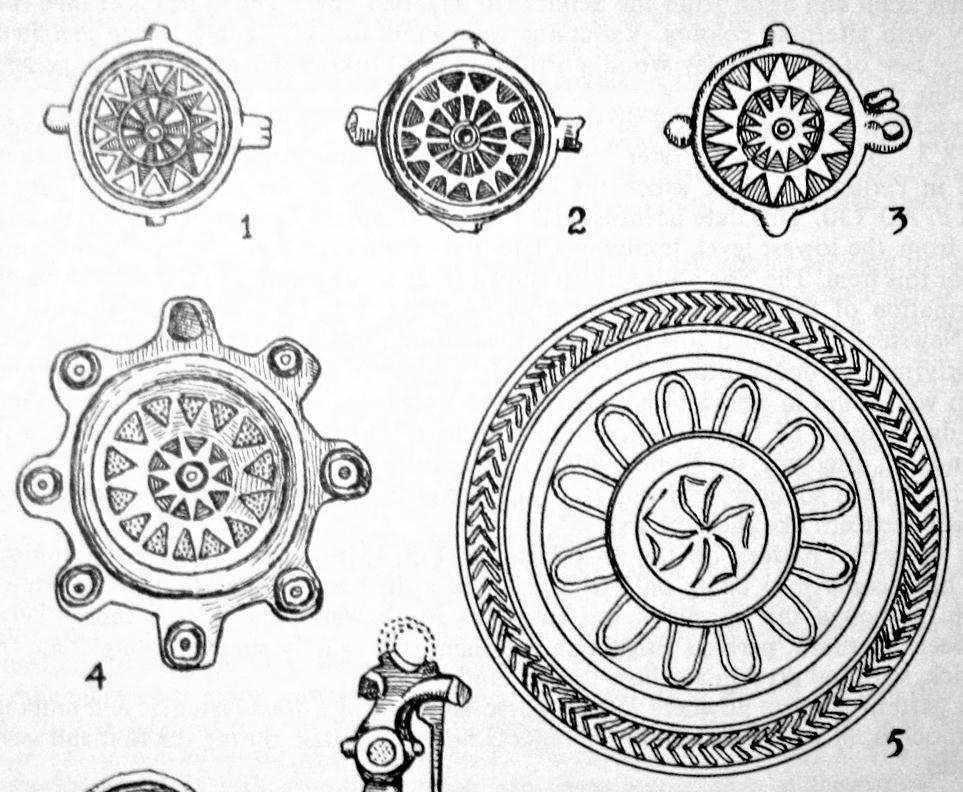Fig. 30: Umbonate enameled disc brooches with sunburst patterns. 1. From Traprain Law. 2. From Nor nour, Isles of Scilly. 3. From Alchester. 4.