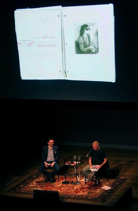 New York Times culture reporter Randy Kennedy (left) moderates a conversation with photographer Jim Goldberg about his work at the SFJAZZ Center, Wednesday, Feb. 25, 2015, in San Francisco, Calif.