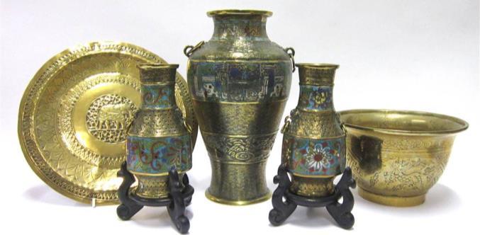 5cm wide (4) 70-100 Lot 225 225 A GROUP OF ORIENTAL METALWARE Comprising: a pair of cloisonne enamel vases; a similar larger example; a jardiniere engraved with dragons and other items; and a