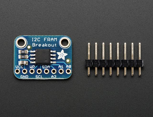 This particular FRAM chip has 256 Kbits (32 KBytes) of storage, interfaces using I2C, and can run at up to 1MHz I2C rates.