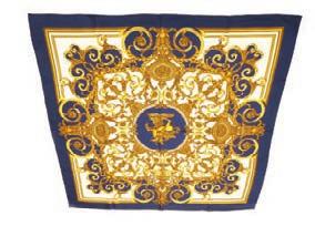 Hermes Les Tuileries silk scarf designed in 1990 by Joachim Metz, on royal blue ground, 90cm x 90cm 651 Hermes Casques et Coiffes Militaires silk scarf c.