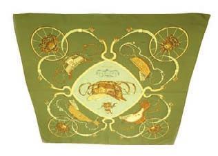 Henry, white and orange, with box 671 Hermes Eperon d Or silk scarf first designed in 1974 by Henri d Origny and