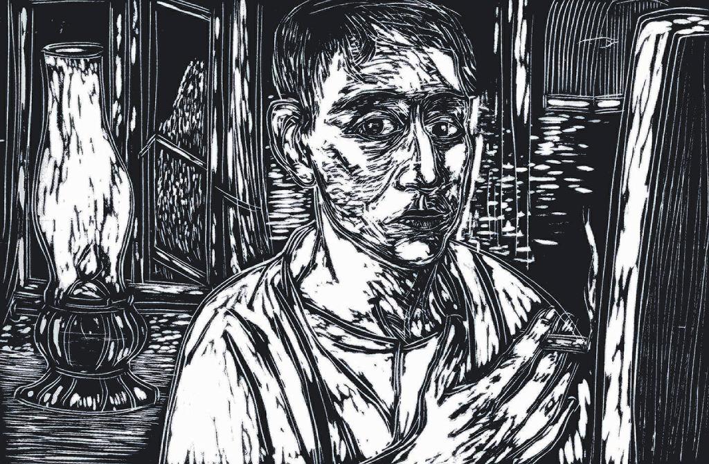 SELF PORTRAIT WITH CIGARETTE catalogue number 57 jelutong woodblock 40 x 60; studies are in Drawing book no. 4, p.