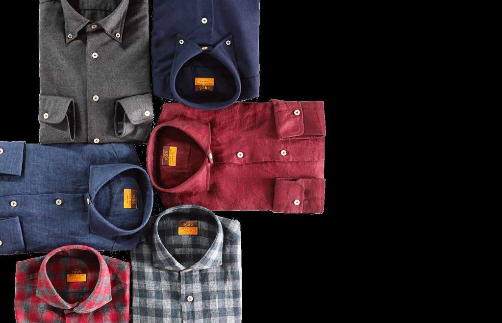 colors. Bright blues, deep purples, icy grays, and moss greens, either solid color or in a pattern. Memories of uncontaminated nature. Here our button-downs in pure wool flannel.