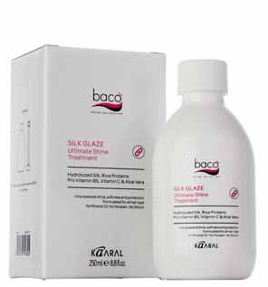 BACO SILK GLAZE Ultimate Shine Treatment Hydrolyzed Silk, Rice Protein, Pro Vitamin B5, Vitamin C & Aloe Vera Shine treatment that delivers intense brilliance, softness and protection for natural or