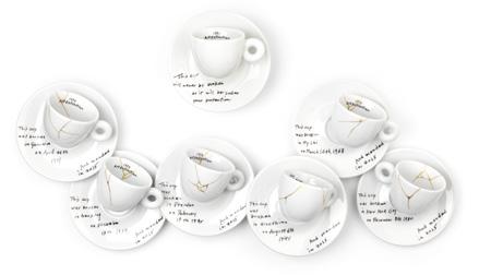The collection is composed of six cups with crack lines that have been repaired with gold, and six individual saucers showing six catastrophic events.