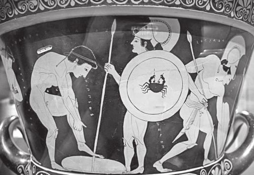 Lecture 19: Greek Vase Painting Death of Sarpedon The reverse side of the Sarpedon krater depicts a group of young men arming themselves; this contemporary scene of warfare contrasts with the
