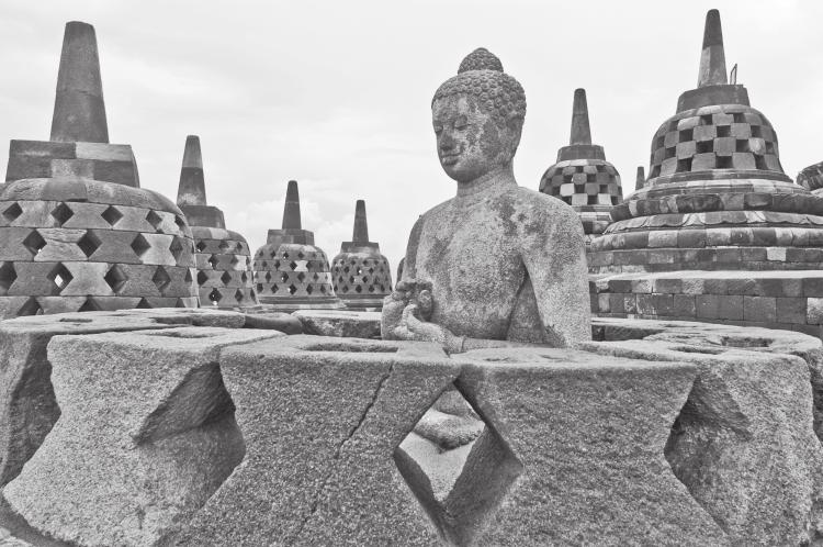 Borobudur includes 504 sculptures of the Buddha, 72 of which are placed in the hollow, trellised, bell-shaped forms on the circular terraces at the top of the monument. istockphoto/thinkstock.