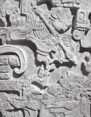 Lady Xook s headdress is quite different from her husband s; it has squarish elements and a goggle-like feature that scholars associate with a great city to the north, Teotihuacán.