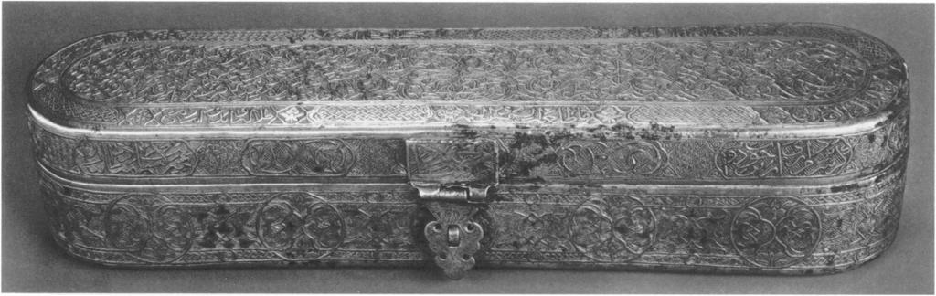 3. Pen-case, Timurid, before mid-i5th century (exterior decoration). Brass, exterior inlaid with silver, interior inlaid with gold and silver, 23/8 X I 1'/2 in.