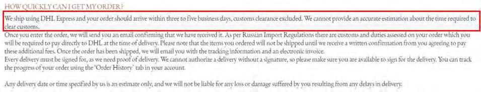 Figure 86: Burberry standing out offering both Free Shipping and Express Delivery Digital Experience Axis Delivery options on Russian / International websites (Russia, November 2016) DELIVERY OPTIONS