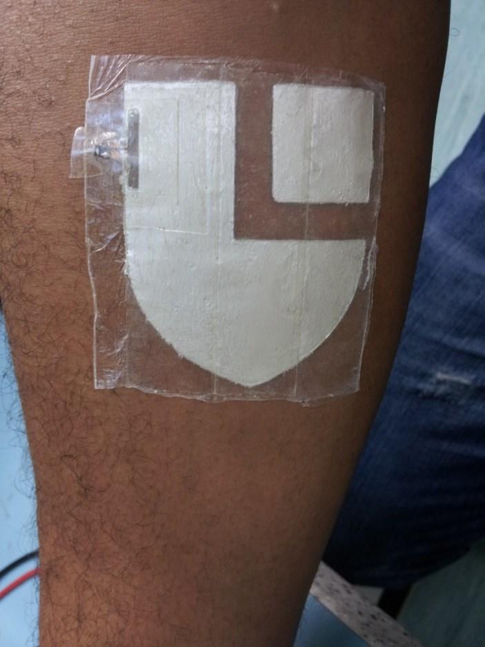 Fig. 7. Loughborough University shield transfer tattoo tag on the arm of a volunteer Read range measurements where then carried out using the Tagformance lite measurement device in Fig. 8.