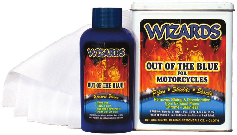 OUT OF THE BLUE Bluing Remover for Chrome Pipes MOTORCYCLE: 2 fl. oz. - 59 ml 2 polishing cloths Part No.: 22019 Net Wt. 4 lbs.