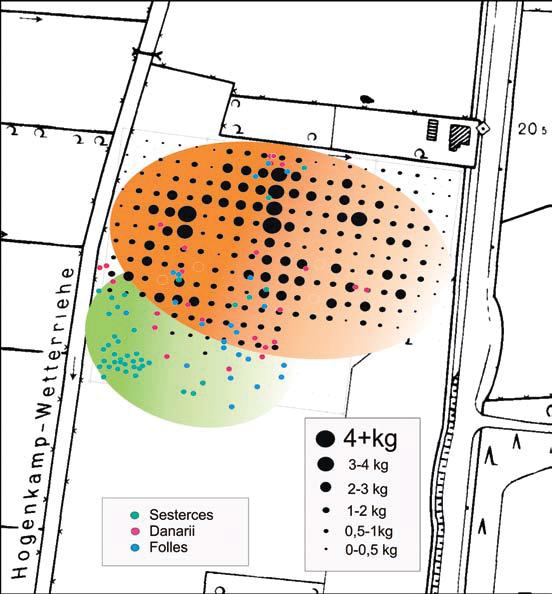 Mückenberger, Aspects of Centrality in the Region...(9-23) Archaeology and Science 6 (2010) Fig. 5. Distribution of pottery and coins on the site. Green: Estimated metalworking area.