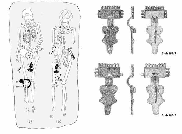 Archaeology and Science 6 (2010) Harbeck et al, Molekulargenetische Detektion (153-176) Abbildung 1: Links: Doppelgrablege mit Individuen 166 und 167 aus dem frühmittelalterlichen Gräberfeld
