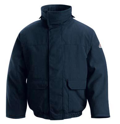 outerwewar & coverings» INSULATED BOMBER JACKET Separating, extra heavy-duty Nomex taped brass zipper, fully covered, with insulated storm flap, concealed snaps Fully insulated stand-up collar Knit