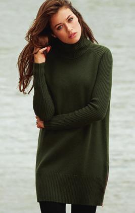 the soft merino knit is super warm and is fi nished with unique copper zips at the side seams.