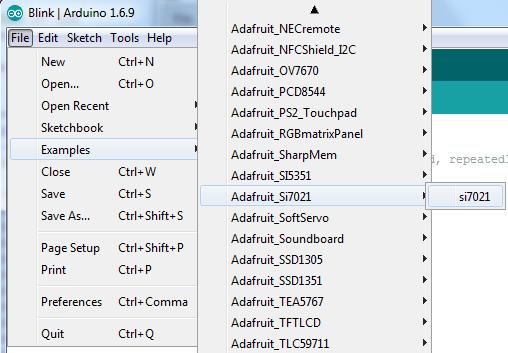 Download Adafruit Si7021 Library https://adafru.it/rax Rename the uncompressed folder Adafruit_Si7021 and check that the Adafruit_Si7021 folder contains Adafruit_Si7021.cpp and Adafruit_Si7021.