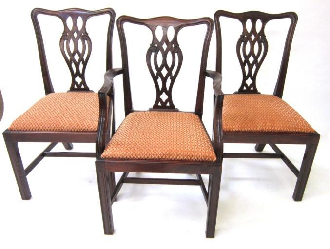A set of eight George III style Dining Chairs, including the carvers, with shaped top rail, pierced splat and drop in seats 200-300 223. An early 1930's straw filled Teddy Bear with growler.