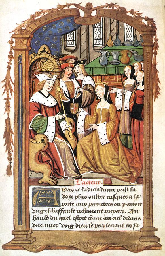 King Louis XII of France and Queen Mary Tudor illuminated by unknown artist c. 1514 Note short over long among lady in the background a short tan gown over a green kirtle.