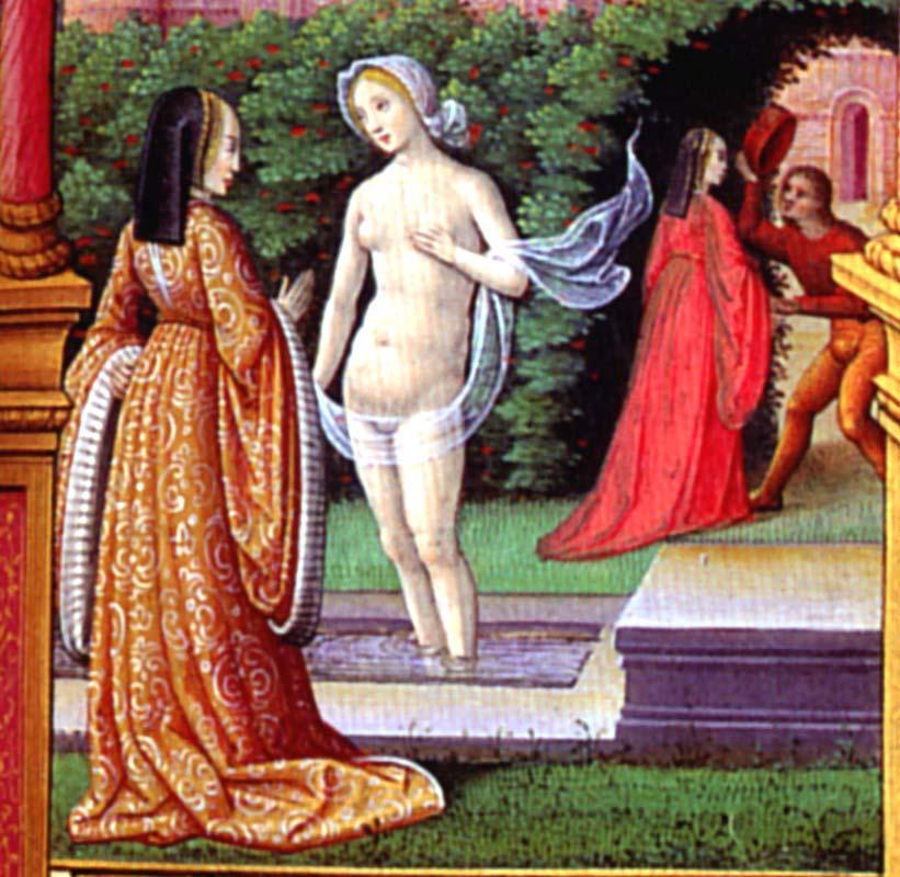 Book of Hours David and Bathsheba Artist Unknown c.1515-1520 I wanted to point out the line along the back of the forewoman's gown. Is it where this gown closes?