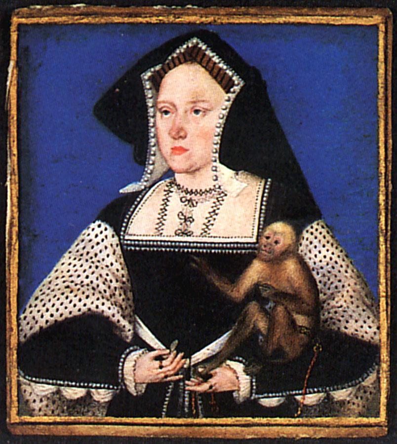 Catherine of Aragon miniature by Lucas Hornebolte 1525-26 The typical English fashion during the 1520s, especially as noted by the English hood, with its gable peak.