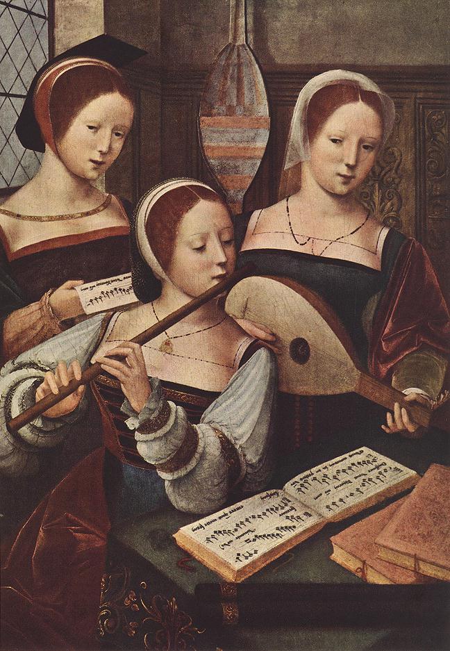 Concert of Women by Master of Female Half-length, a Dutch painter 1530-40 The seated lady may be in a kirtle only, or open front gown, which is laced across the front.