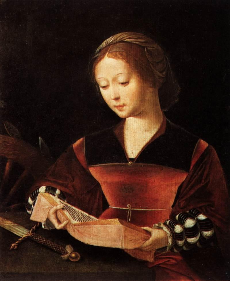 Saint Catherine by Master of Female Half-length, a Dutch painter 1530-40 Yes, this is a saint. But she is wearing appropriate fashion of the time period.
