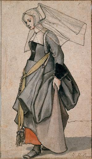 A Young Englishwoman by Hans Holbein 1526 8 or about 1532 5 This woman has her longer than floor length skirts kirtled up and supported by some sort of holder in white.