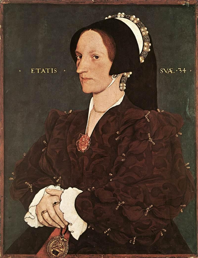 Margaret Wyatt, Lady Lee Copy after Hans Holbein the Younger, c. 1540 possible style date to mid 1530s Her puffy sleeves of gown is not trumpet shaped.