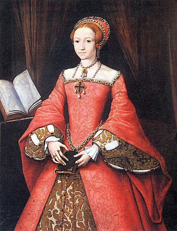 Princess Elizabeth by Guillim Scrots c. 1545-6 (12-13 years old.) First noted image that shows a spanish farthingale among an English subject.