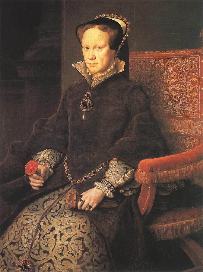 Queen Mary Tudor of England by Anthonis Mor Van Dashorst (aka Antonio Mor) 1554 Not much changed from the style seen with Princess Elizabeth in 1545, nearly a decade prior.