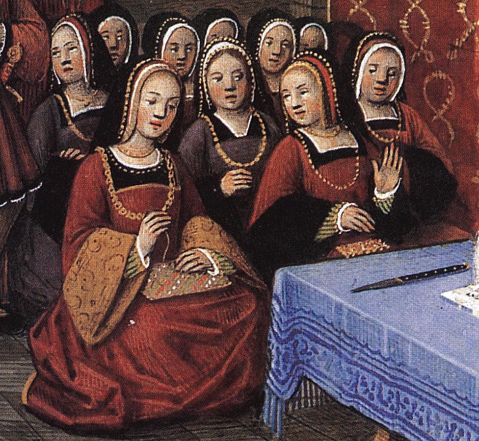 Poetic Epistles of Anne of Brittany and Louis XII, Epistle 3 Illuminated by Bourdichon early 1500s. Anne of Brittany's ladies in waiting are dressed similarly to Anne. Their skirts are not split.