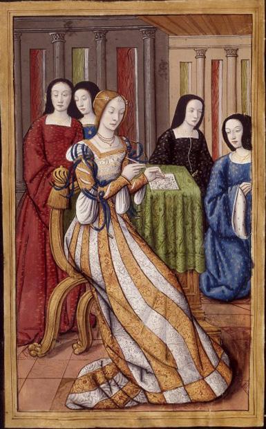 Heroides, Phyllis writing French 874, fol. 11v. Image #3 of 46. Early 16th century. Yes, the outfit of the woman in the forefront is striped, which is unusual.