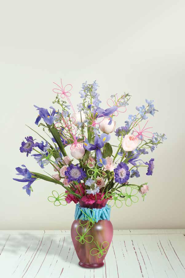 Design Recipe 11" Bouquet Vase - Pink (45-02905) 6' OASIS Raw Muslin - Aqua (41-12446) 8 OASIS Midollino Shapes - Flower - Apple Green (41-12432) 8 OASIS Midollino Shapes - Butterfly - Apple Green