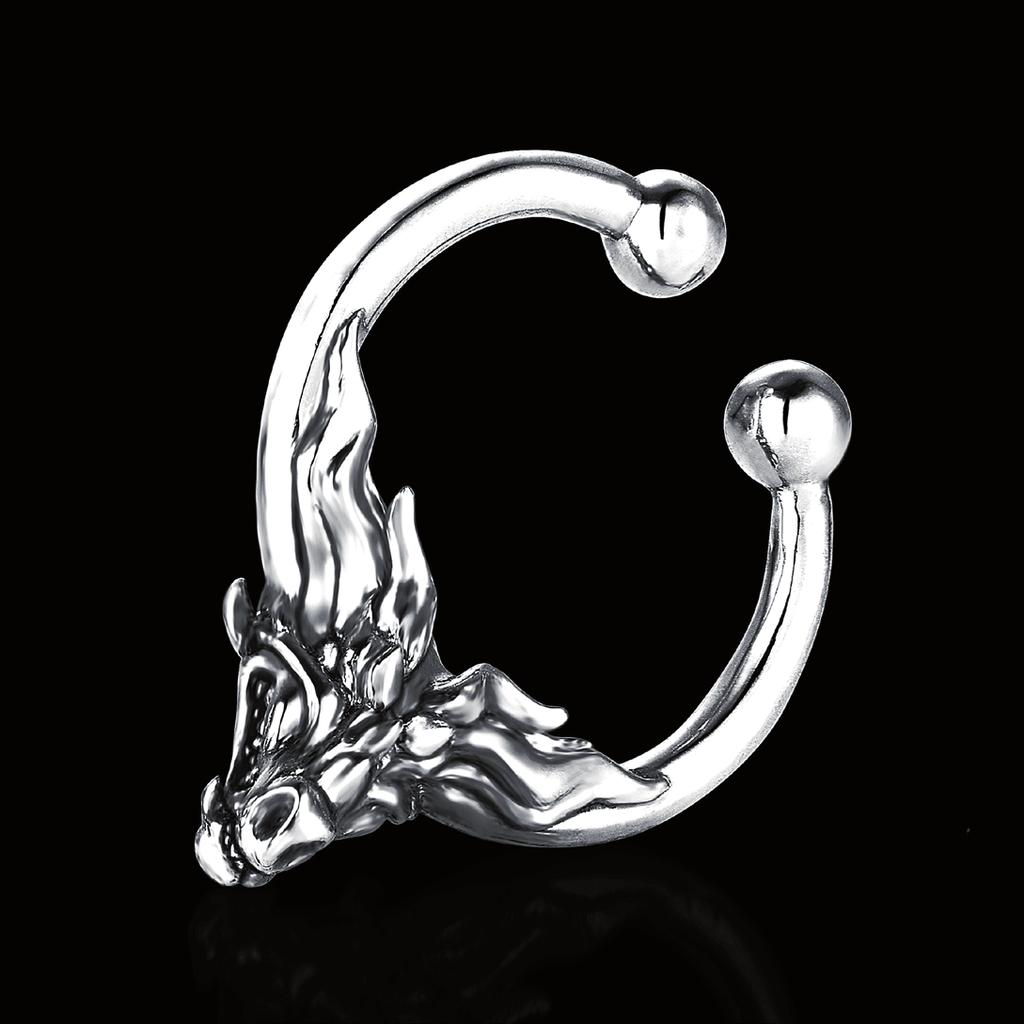 Mythic Faux Septum Stainless Steel (surgical 316L) Dragon head width: 5 mm Dragon head depth: 4 mm Dragon head length: 8 mm Septum shank width: 1.