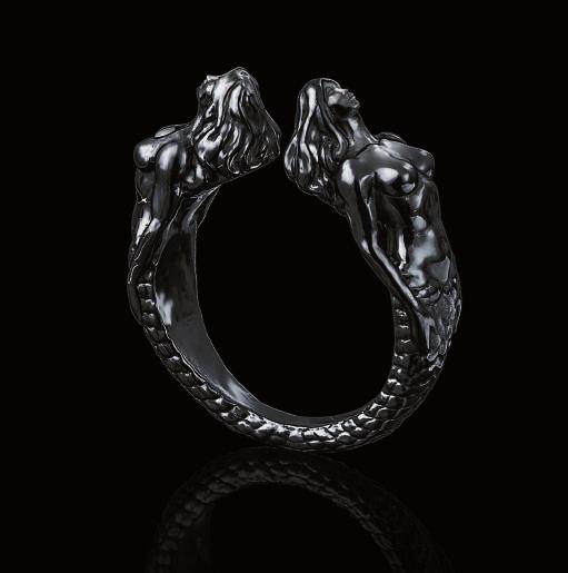 Sea Siren Ring Sterling Silver Hand polish & black rhodium Mermaid head height: 6 mm Mermaid ring height: 2.