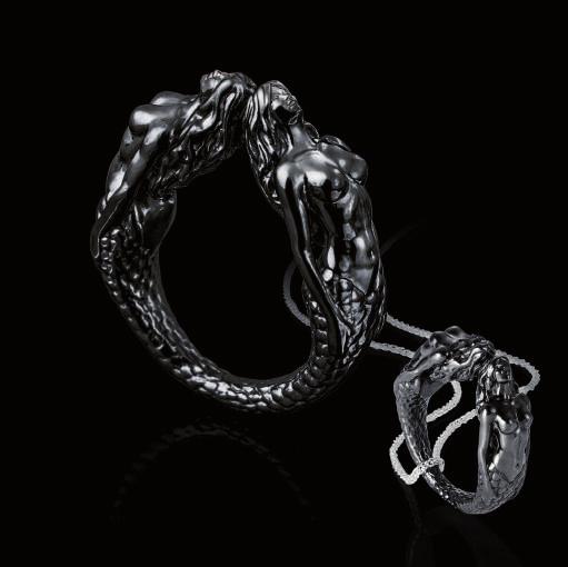 Sea Siren Pendant (dual ring) Sterling Silver hand polished & black rhodium + white chain Mermaid shoulder & hip/with arms width: 1 cm Mermaid pendant height: 3.